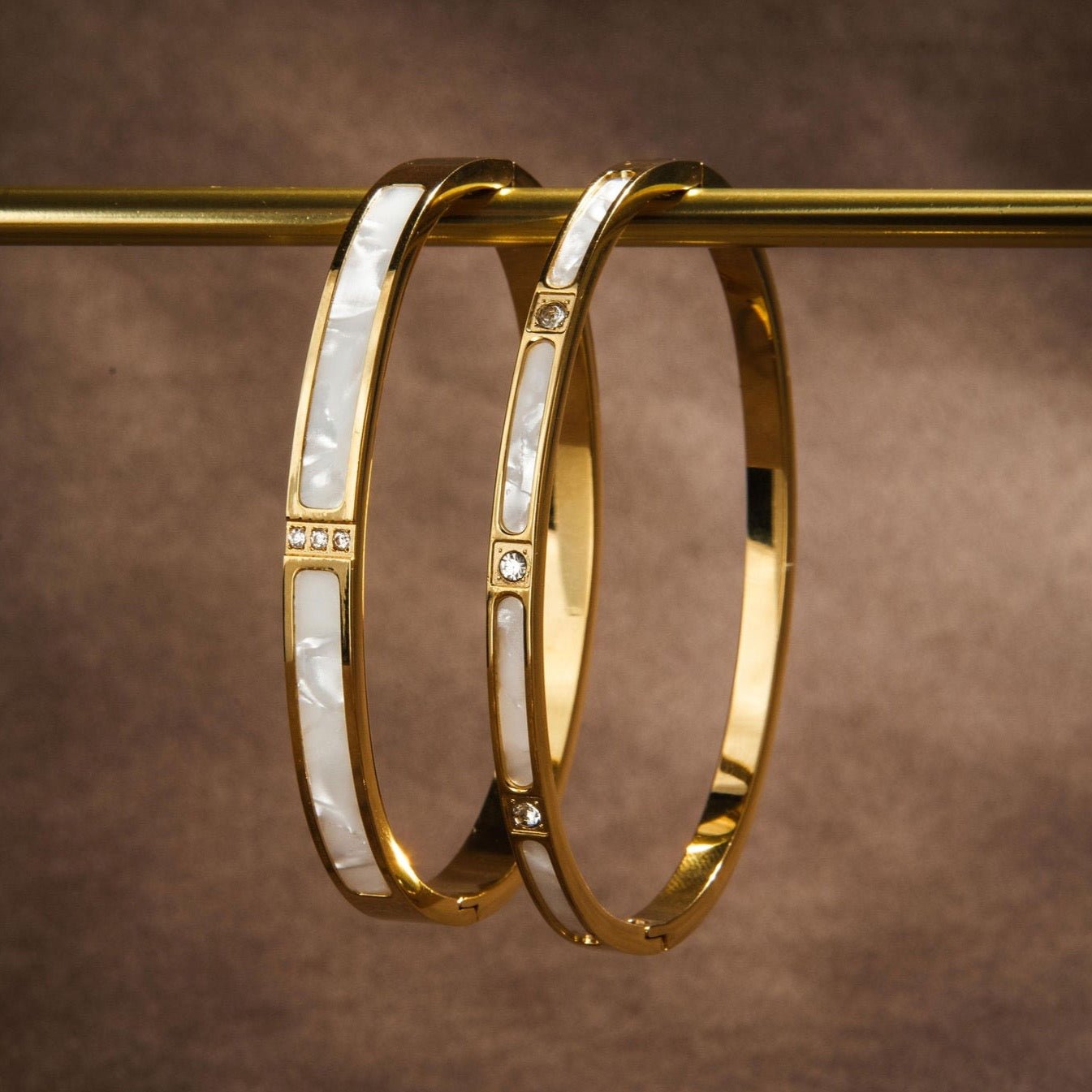 waterproof gold bangle with mother of pearl inlay and Cubic Zirconia