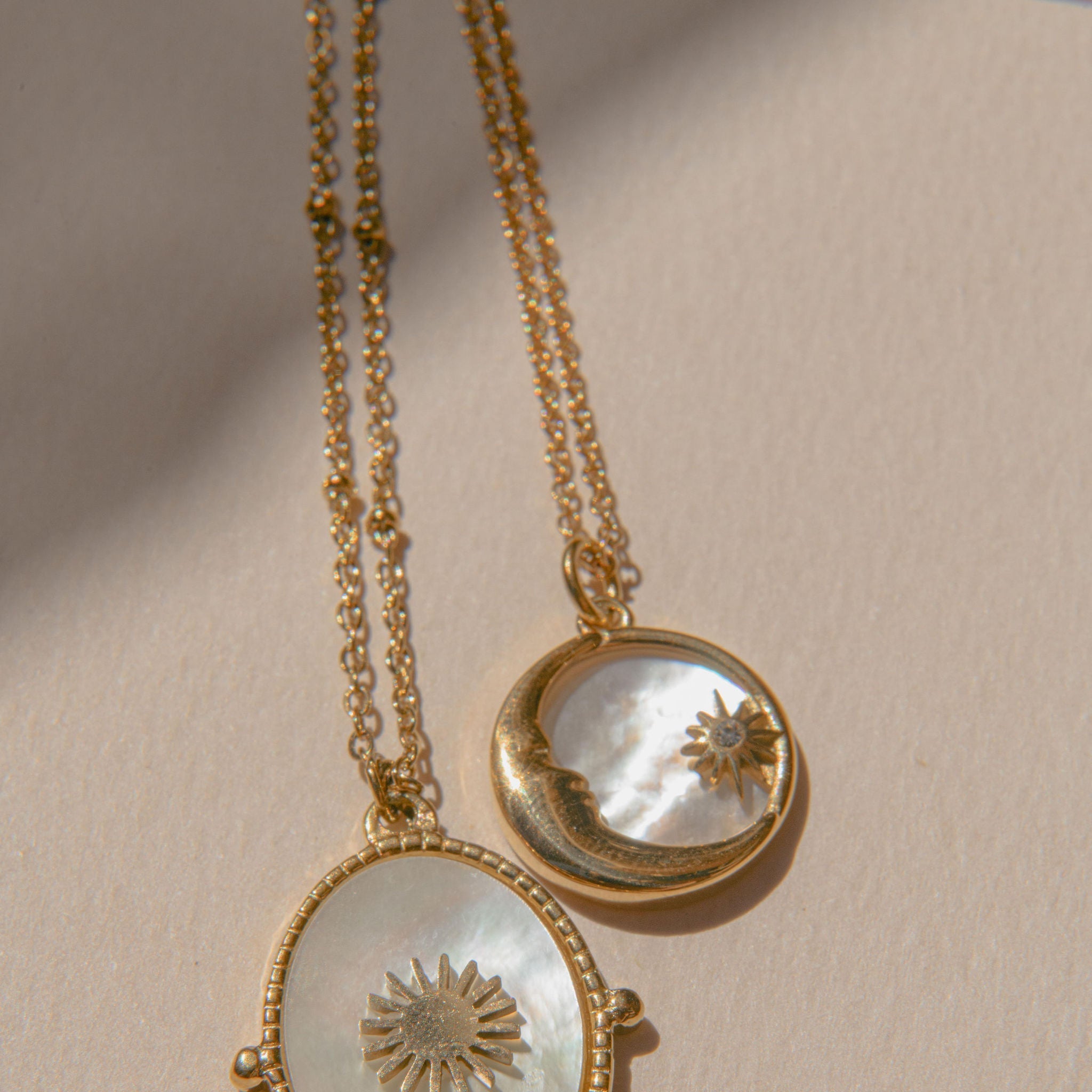 Gold moon and star pendant necklace with mother of pearl inlay and Cubic Zirconia detail on a waterproof chain