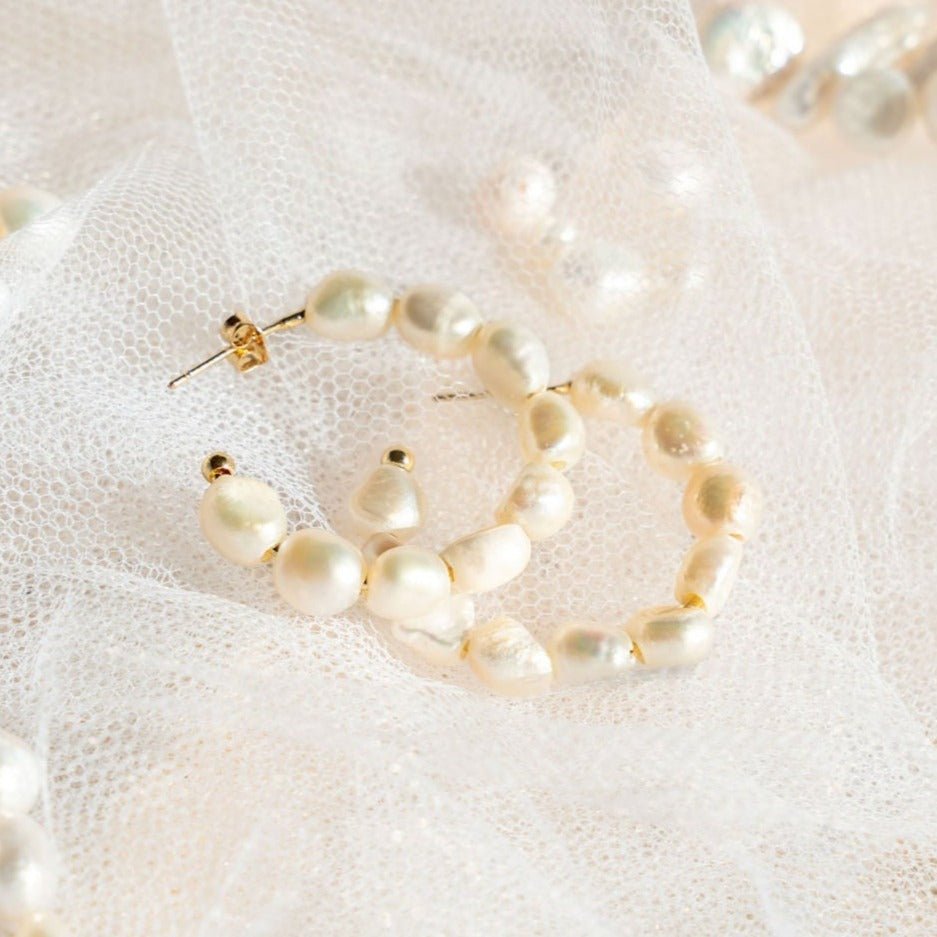 natural freshwater pearl hoop earrings on gold base, pearl statement earrings Australia