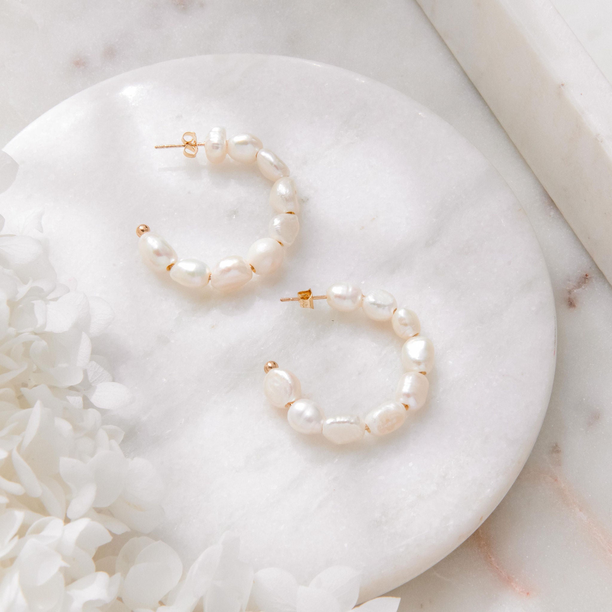 natural freshwater pearl hoop earrings on gold base, pearl statement earrings Australia