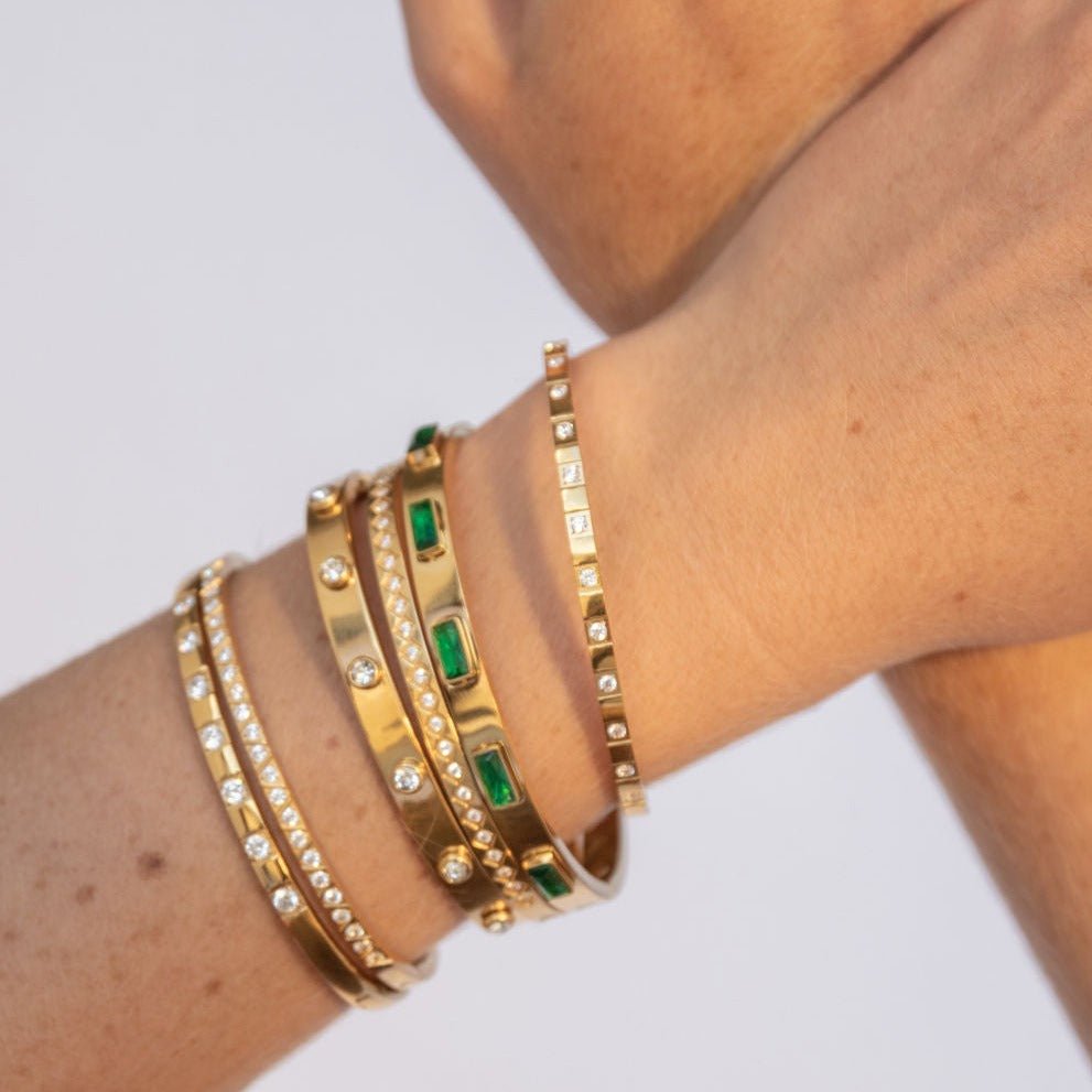 gold-plated bangle with cubic zirconia and etched criss-cross detail