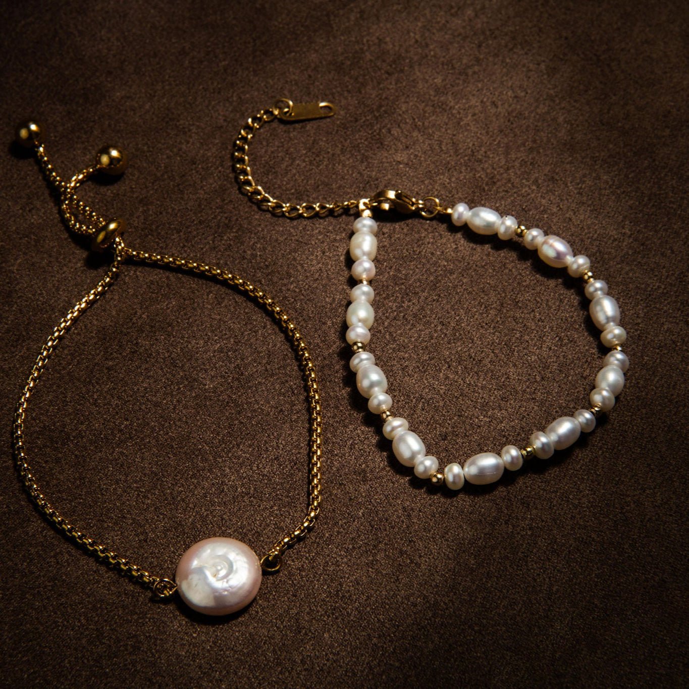 Dainty freshwater pearl bracelet with gold bead accents and waterproof gold clasp