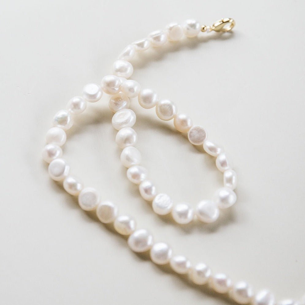 freshwater pearl necklace with round textured pearls, waterproof gold jewellery Australia