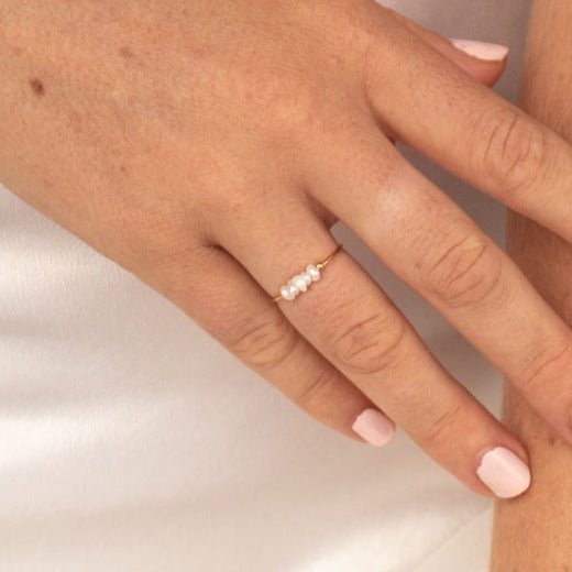 thin gold ring with small pearls, dainty waterproof pearl ring Australia