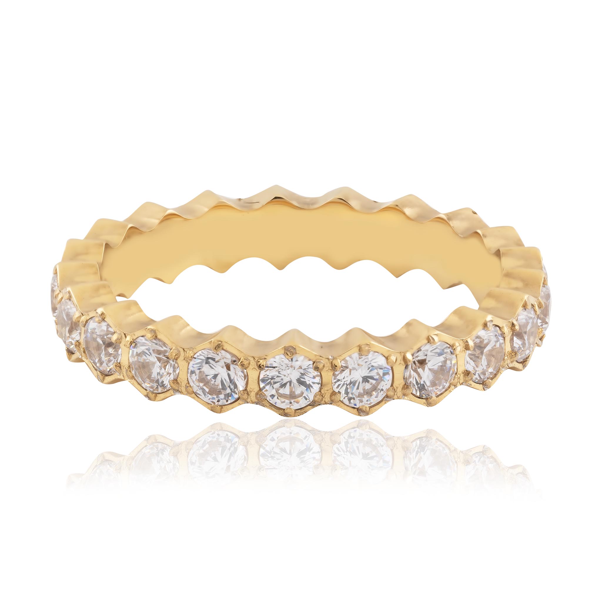 gold ring with scalloped band and round Cubic Zirconia stones