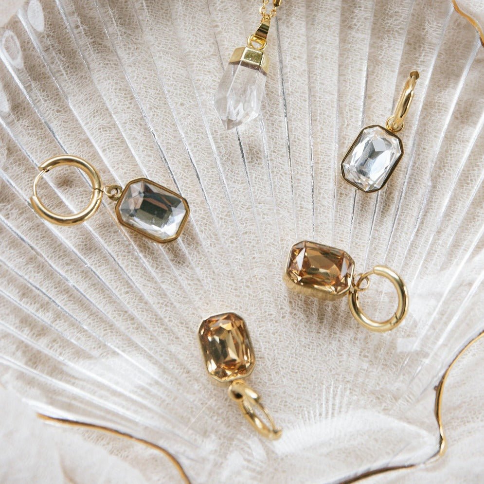 gold huggie hoop earrings with champagne emerald-cut cubic zirconia for bridal or event styling