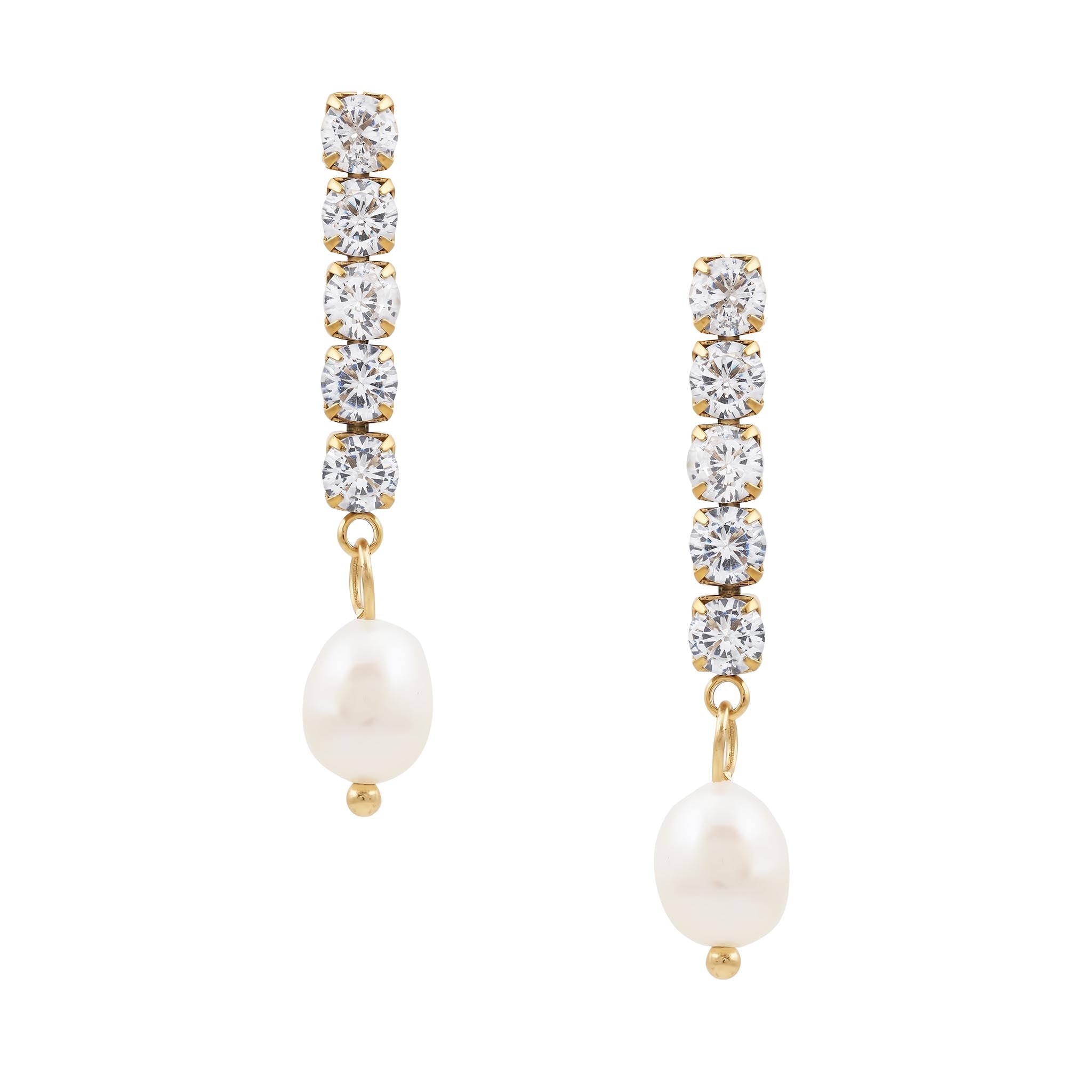 gold stud earrings with Cubic Zirconia and natural freshwater pearls, waterproof jewellery