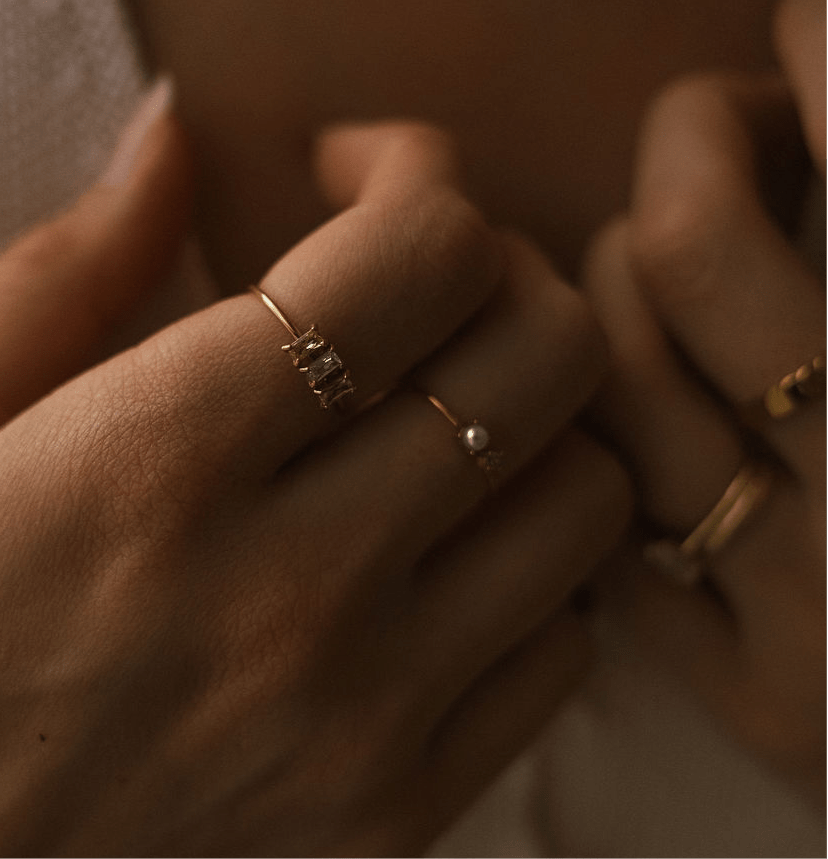 dainty gold ring with freshwater pearl and Cubic Zirconia stone for stacking