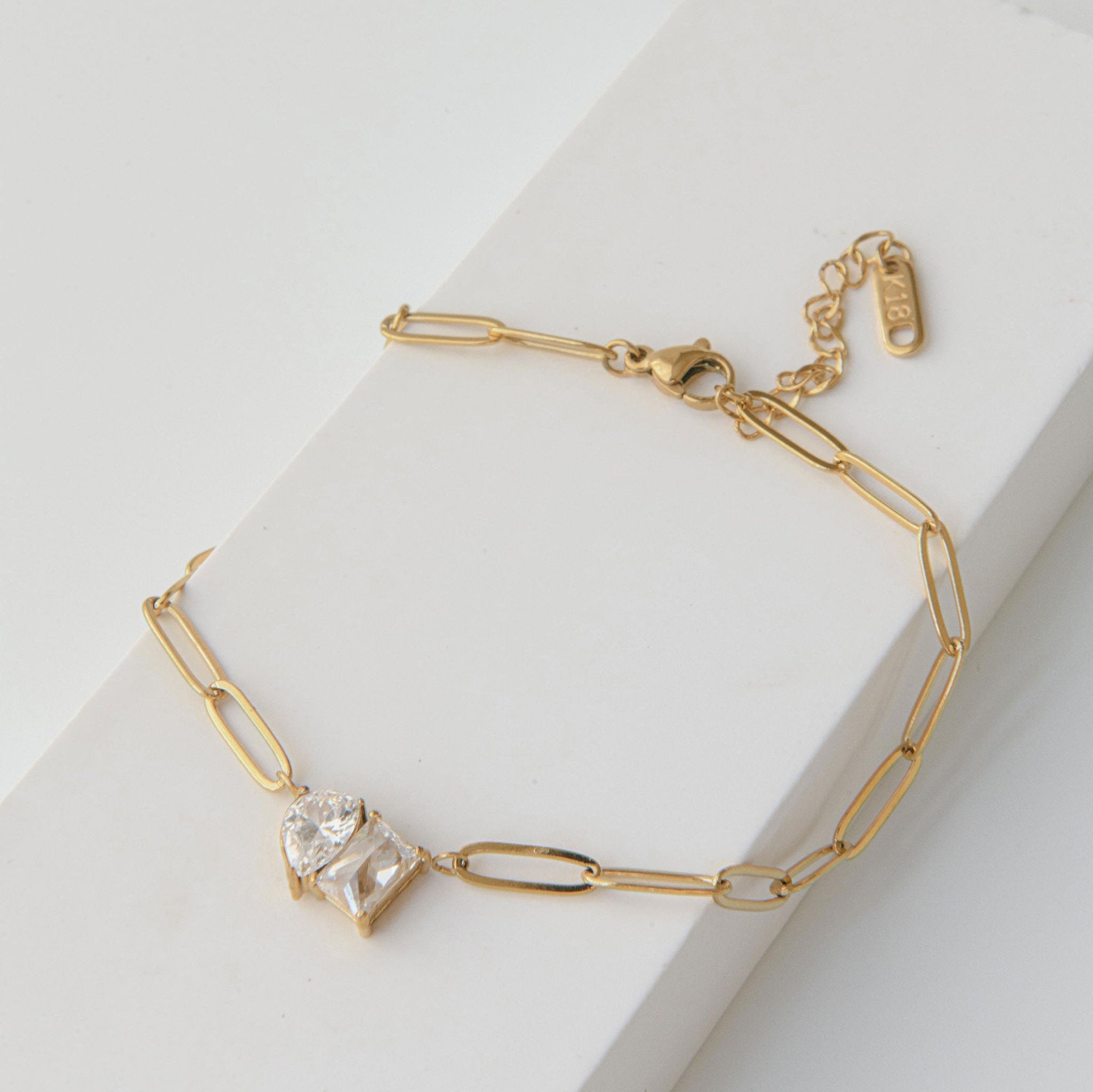 gold paperclip anklet with two cubic zirconia stones in Toi et Moi setting