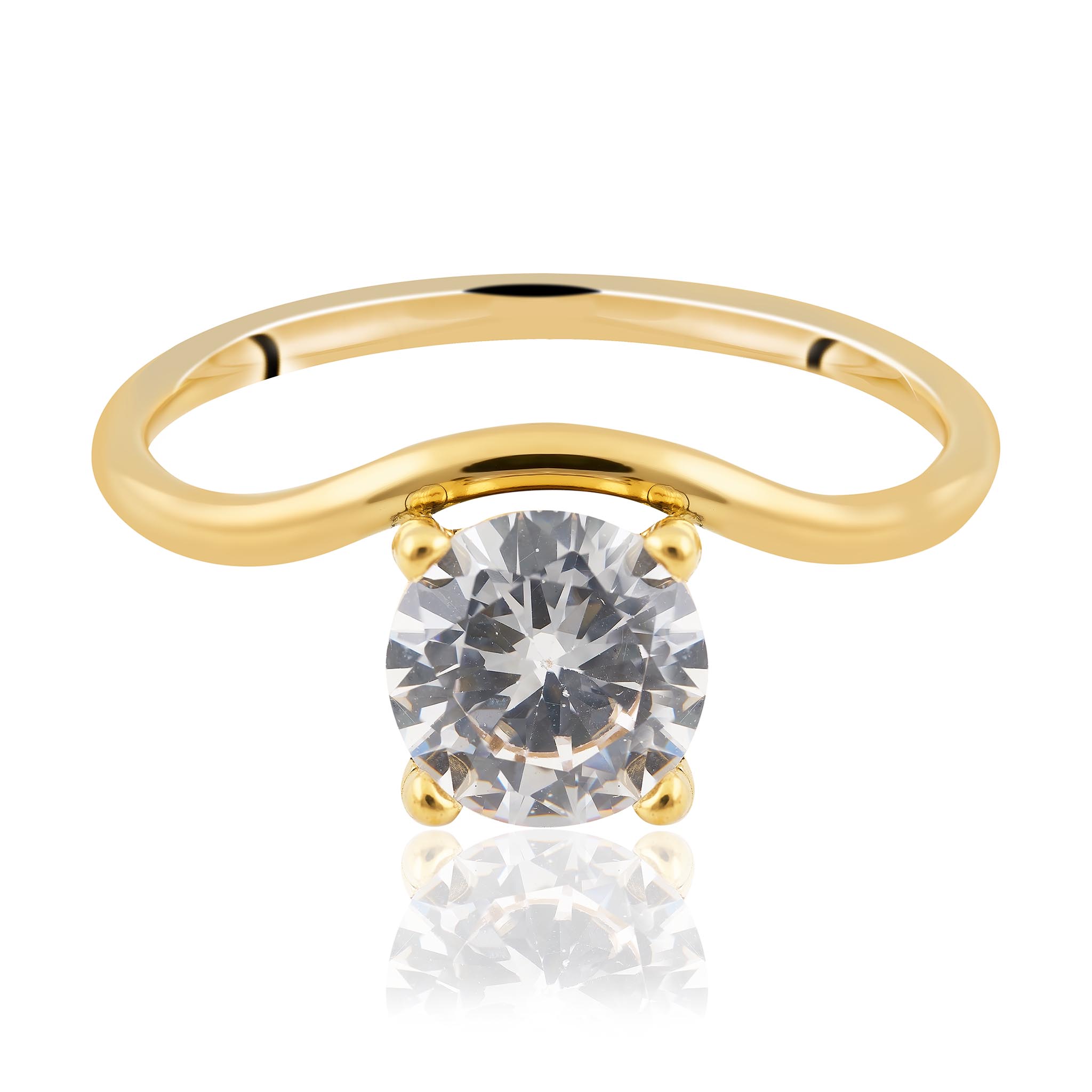 gold ring with round cut cubic zirconia stone in prong setting