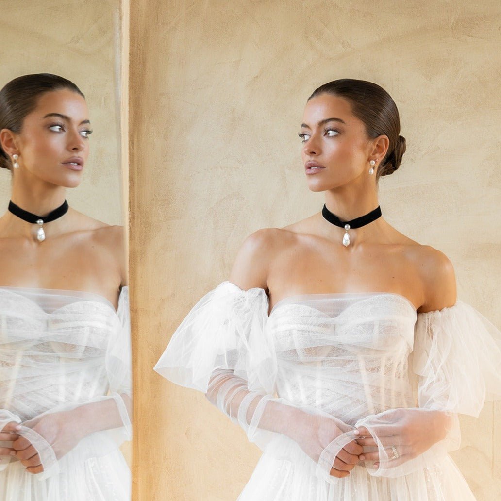 Black velvet choker necklace with gold and freshwater pearl drop detail