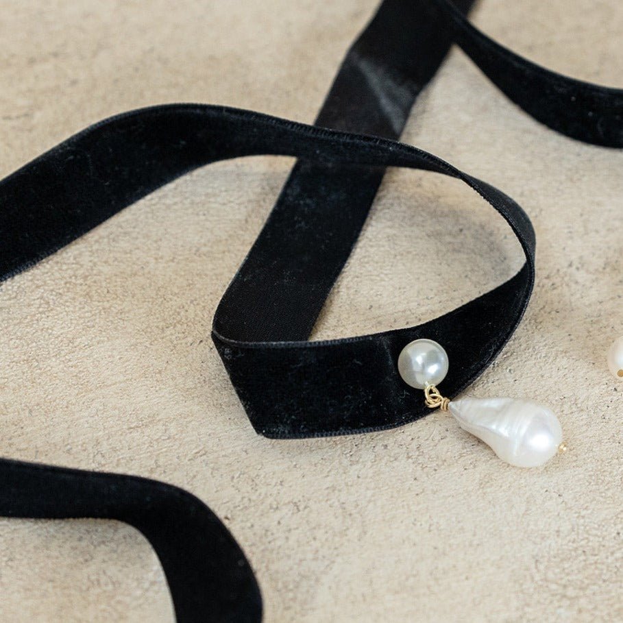 Black velvet choker necklace with gold and freshwater pearl drop detail
