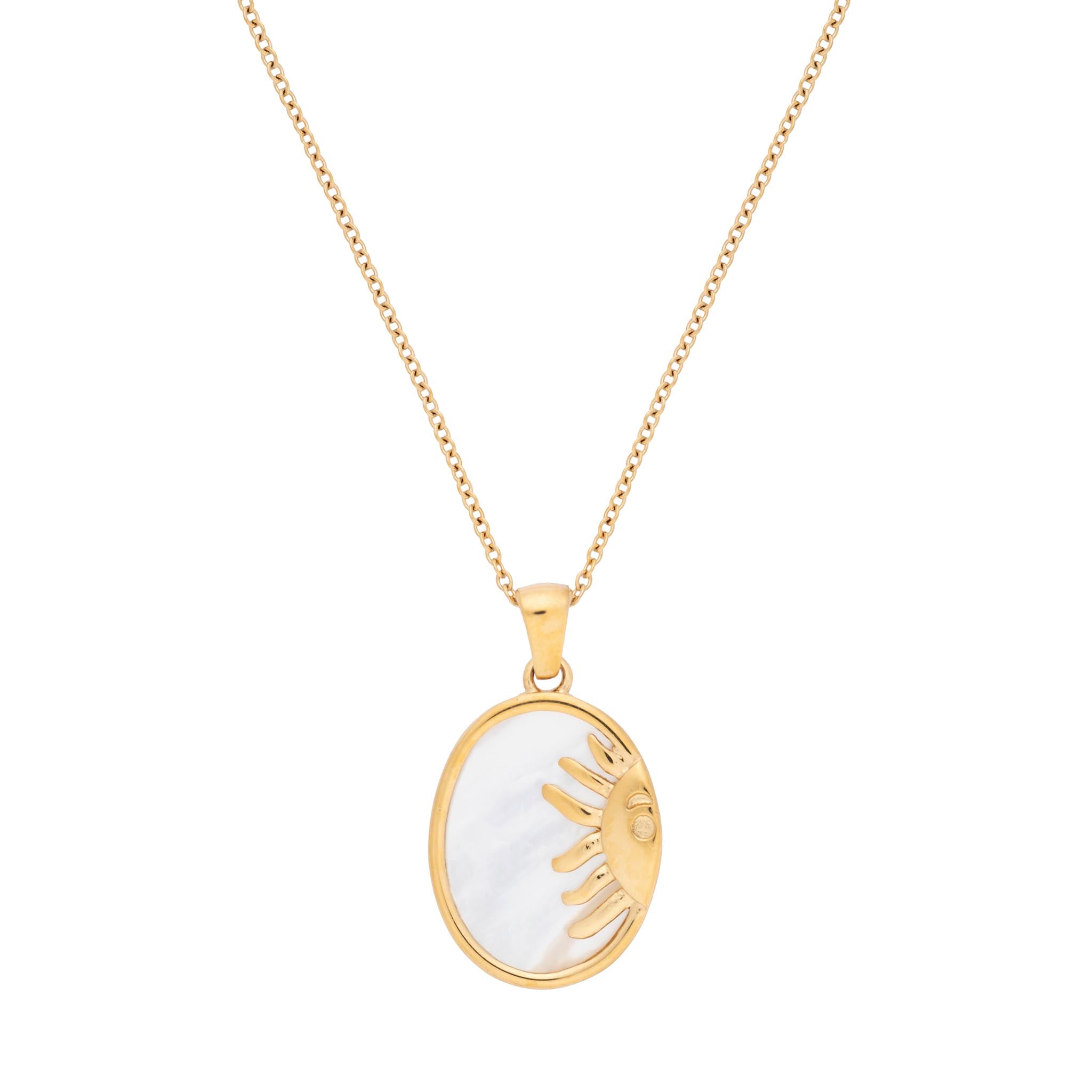 Gold pendant necklace with mother of pearl inlay and raised sun detail on a waterproof chain