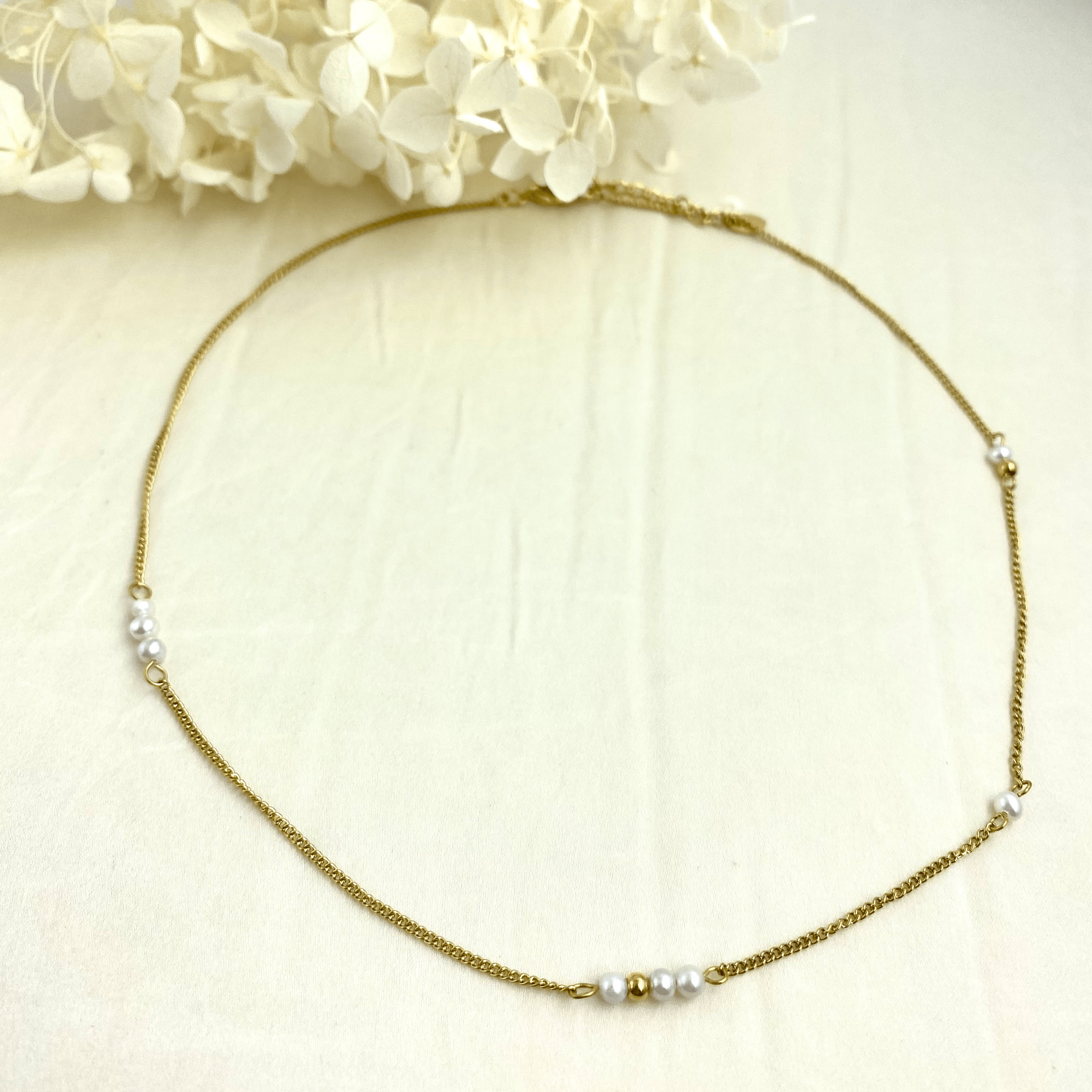 dainty gold necklace with freshwater pearls and gold beads, waterproof jewellery Australia
