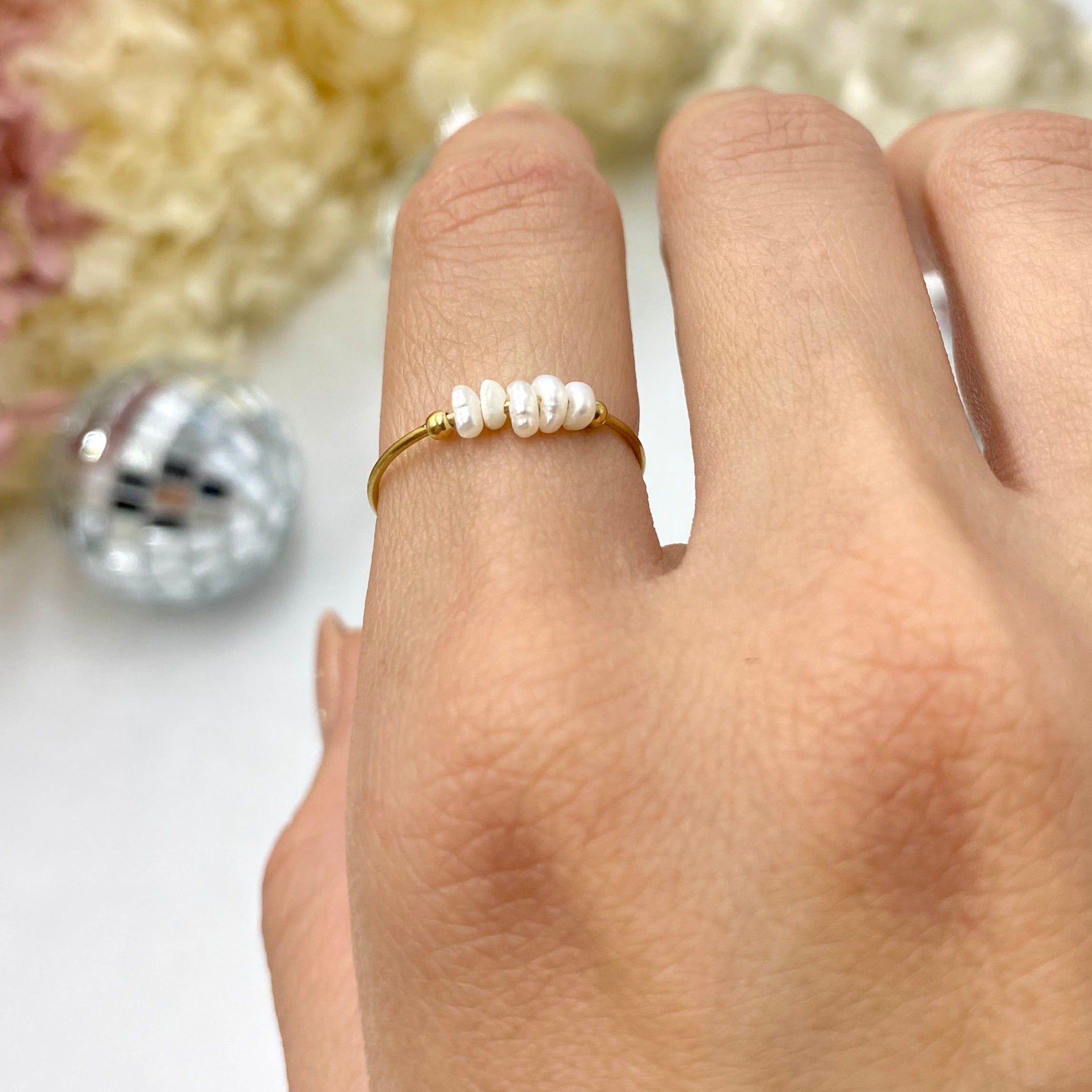 thin gold ring with small pearls, dainty waterproof pearl ring Australia