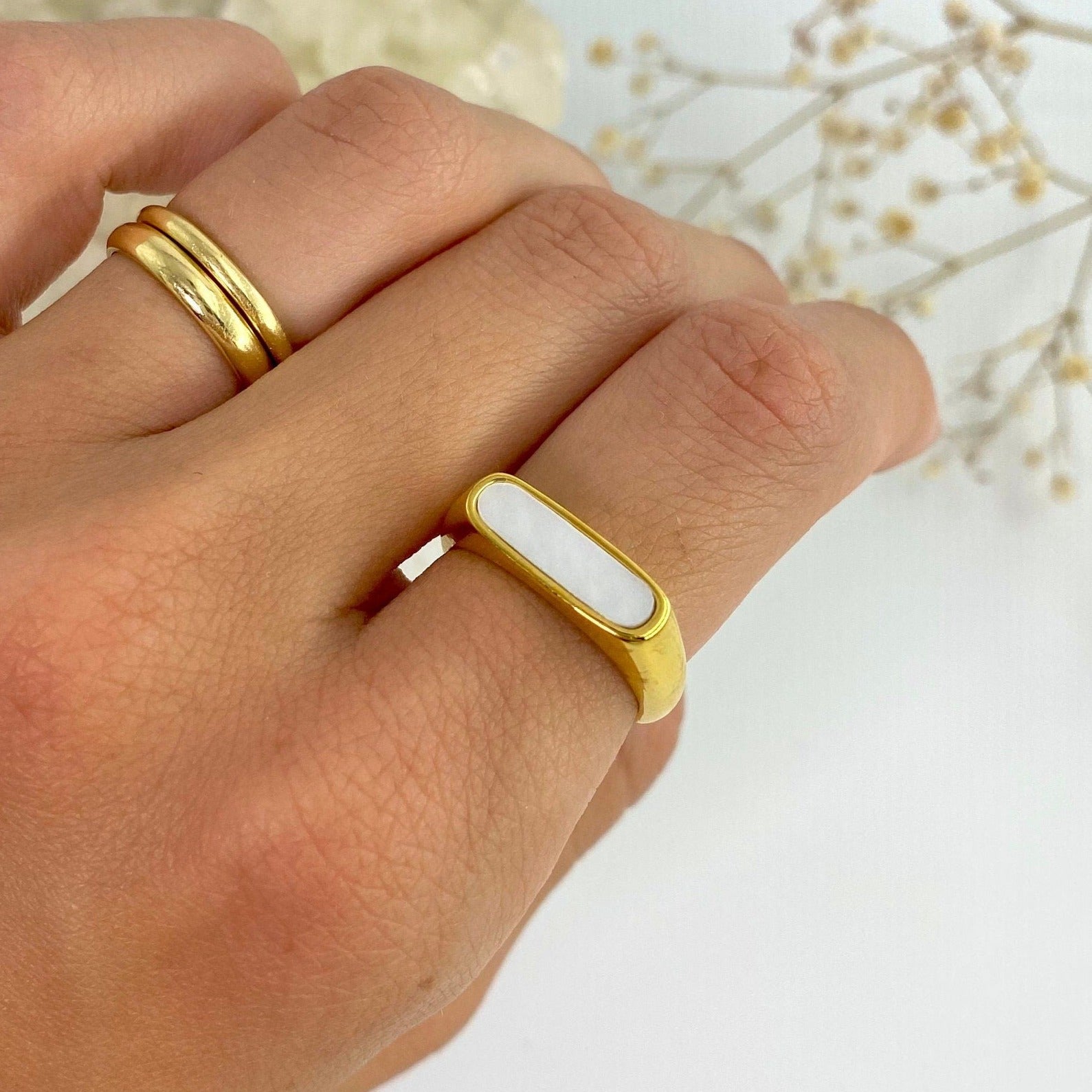 gold signet ring with rectangular mother of pearl inlay