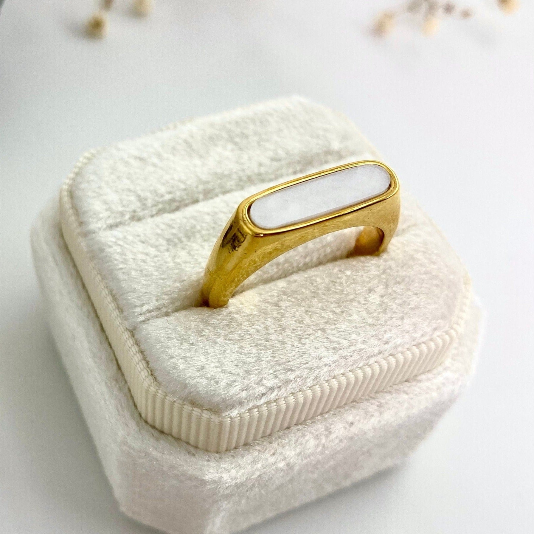 gold signet ring with rectangular mother of pearl inlay