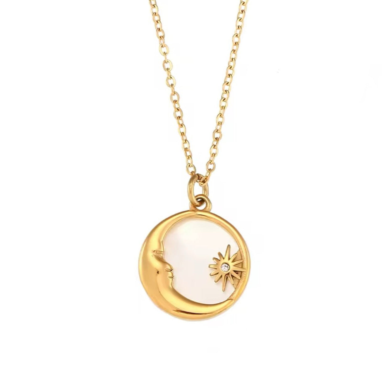 Gold moon and star pendant necklace with mother of pearl inlay and Cubic Zirconia detail on a waterproof chain