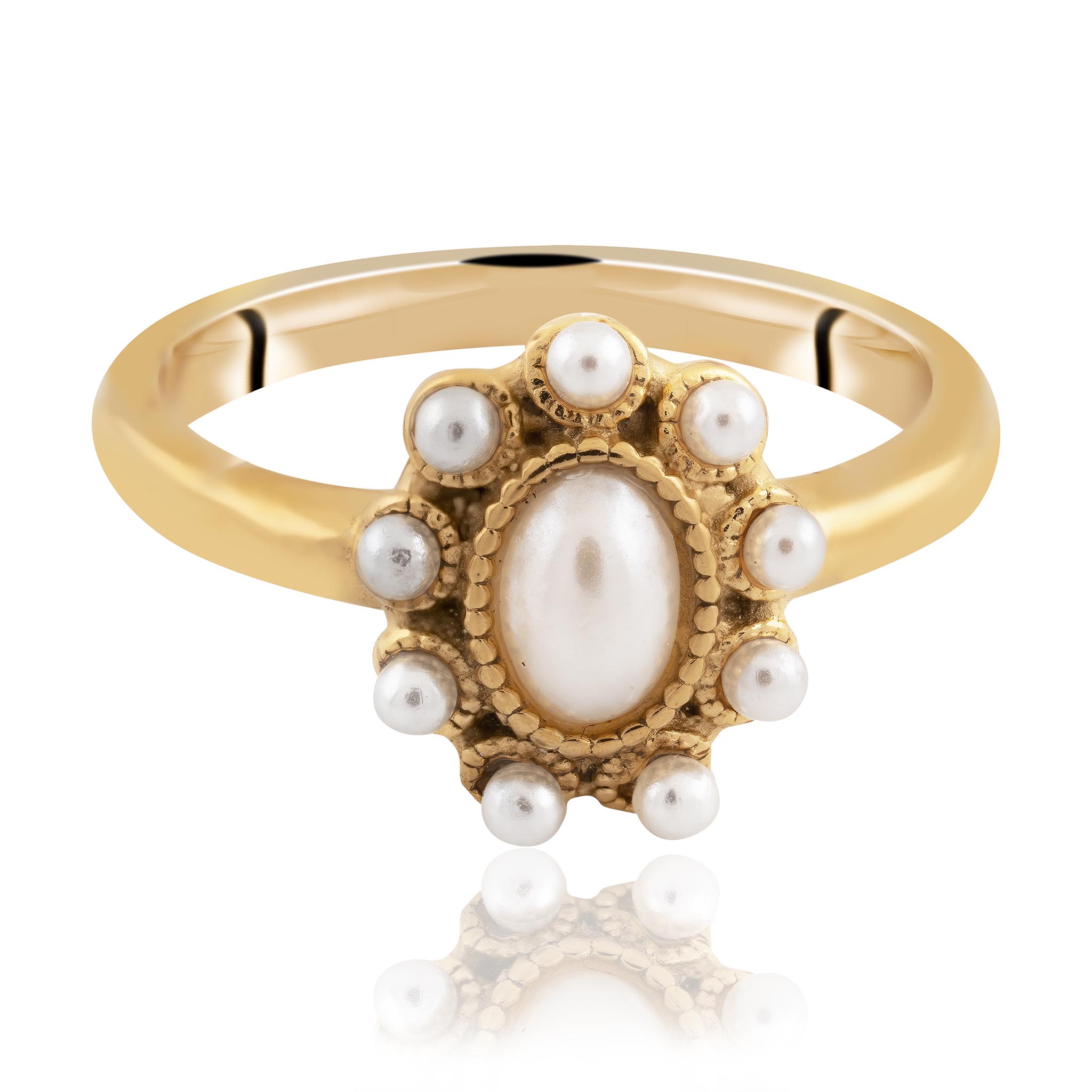 Gold pearl ring with oval freshwater pearl centre and small pearl accents in a waterproof setting