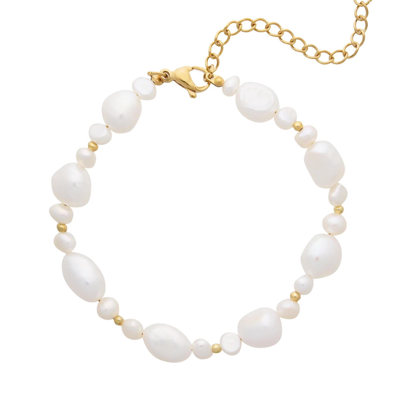 Ava Bracelet featuring organic freshwater pearls and gold bead accents on a waterproof gold chain