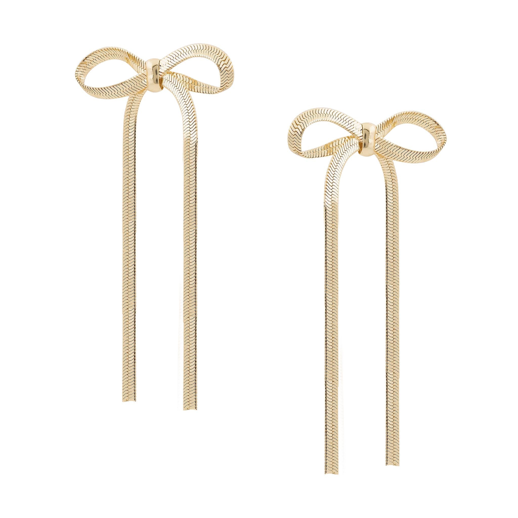 statement gold bow earrings with drop chain design