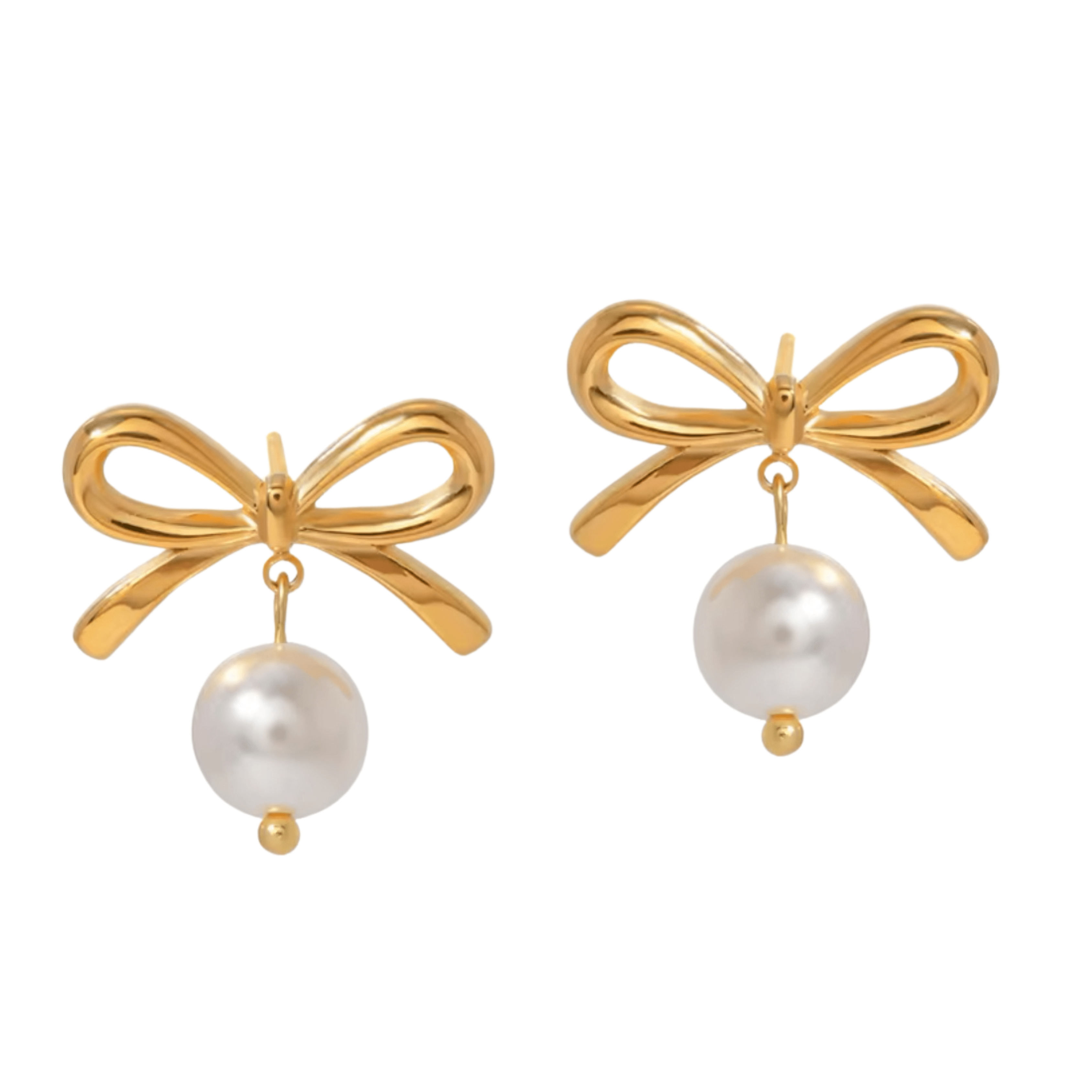 Gold pearl earrings with freshwater pearl drops and waterproof bow design