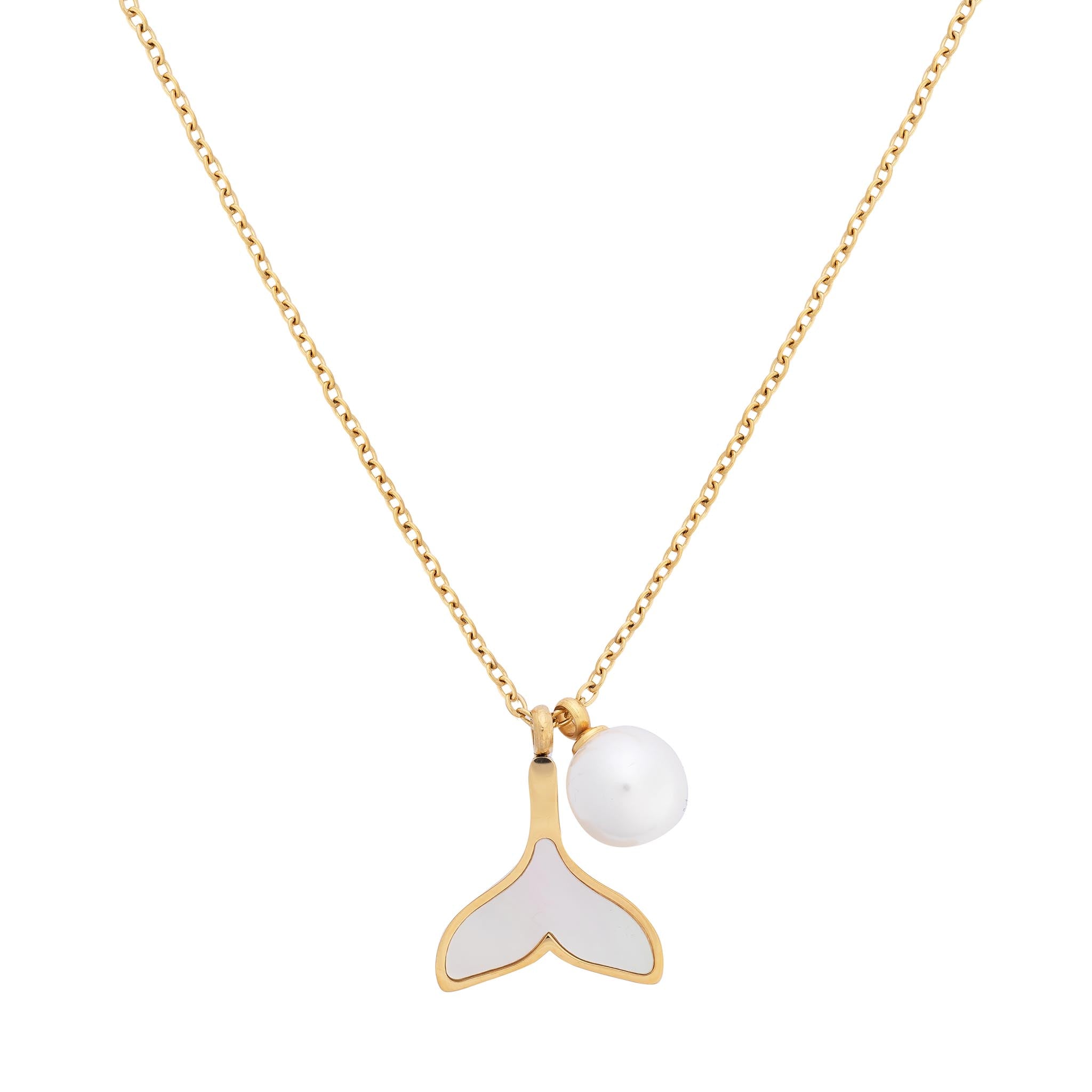 Gold whale tail necklace with mother of pearl inlay and freshwater pearl charm on waterproof chain