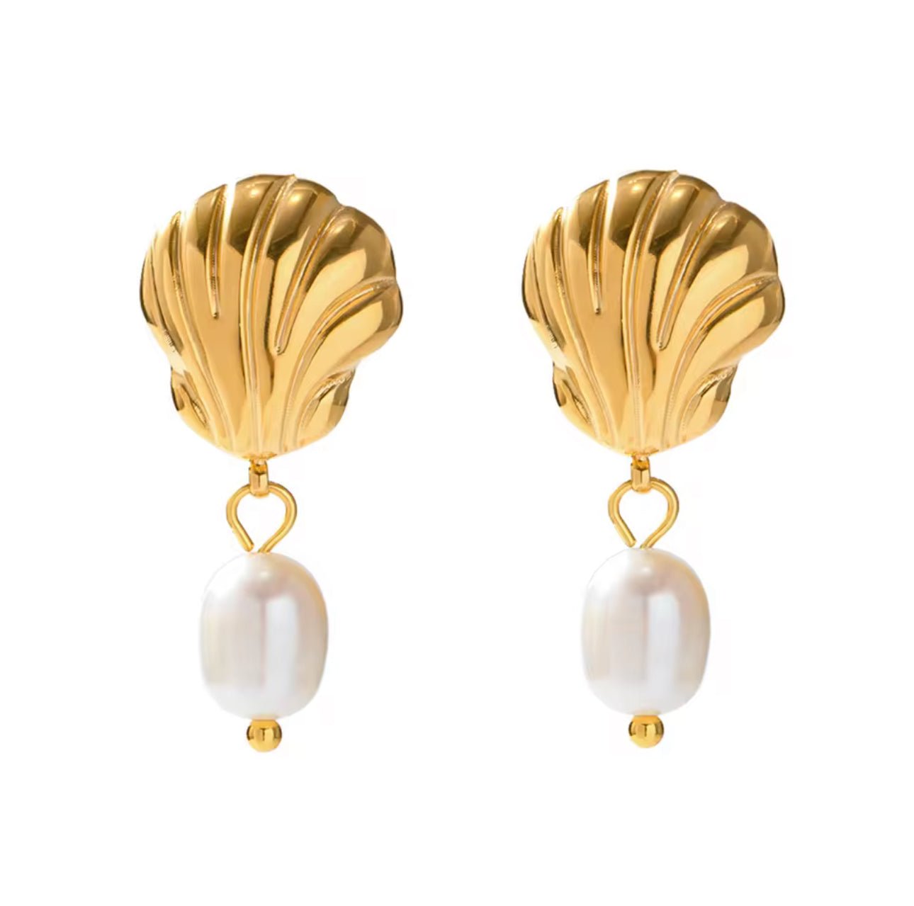 Gold shell earrings with freshwater pearl drop, perfect for summer jewellery or resortwear styling