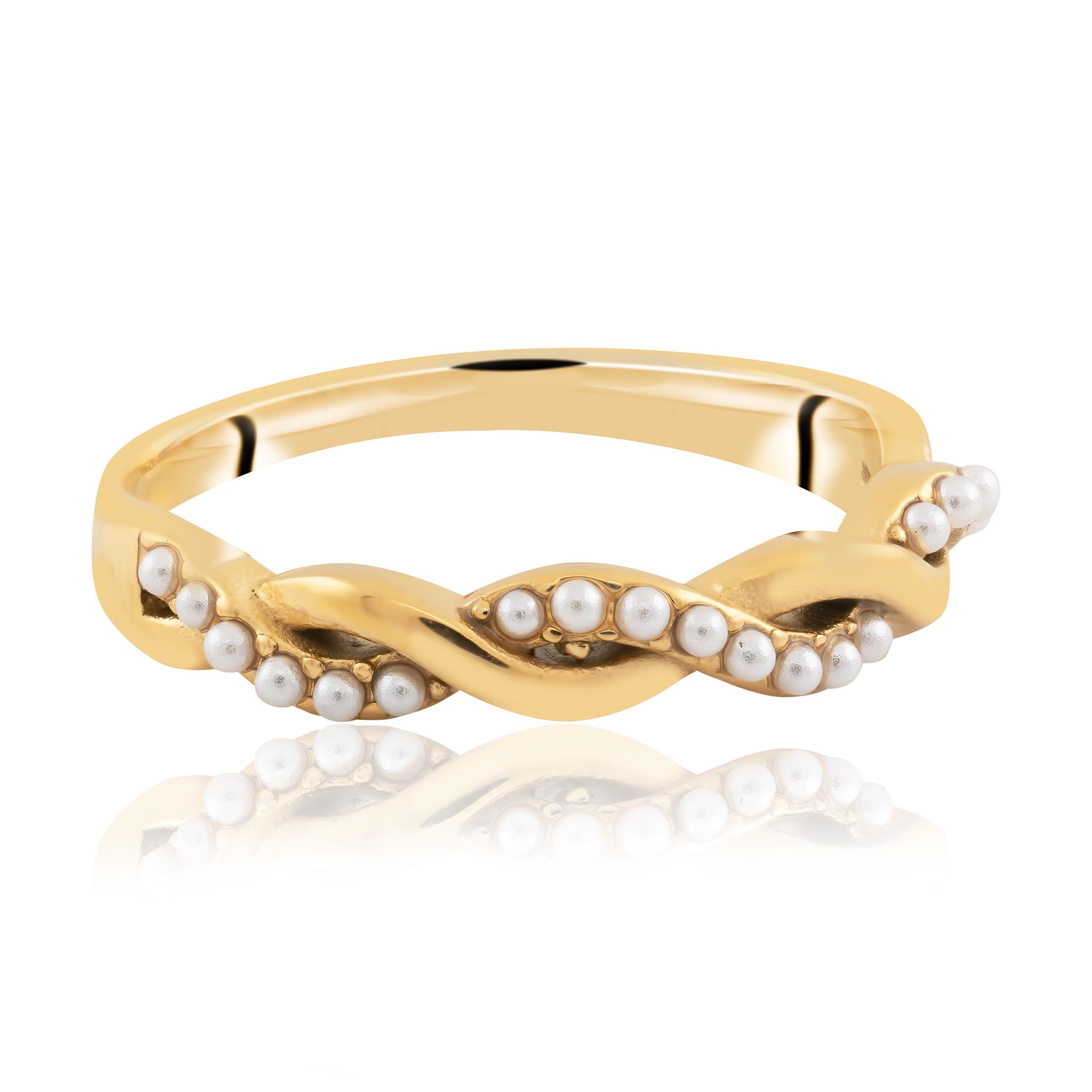 Dainty gold ring with a row of freshwater pearls and waterproof finish