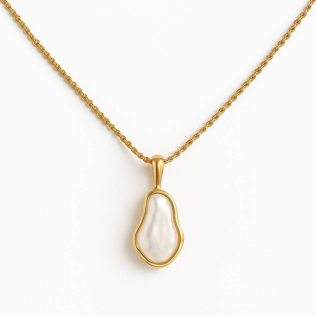 Laguna Necklace with organic freshwater pearl pendant set in waterproof gold on a twisted rope chain