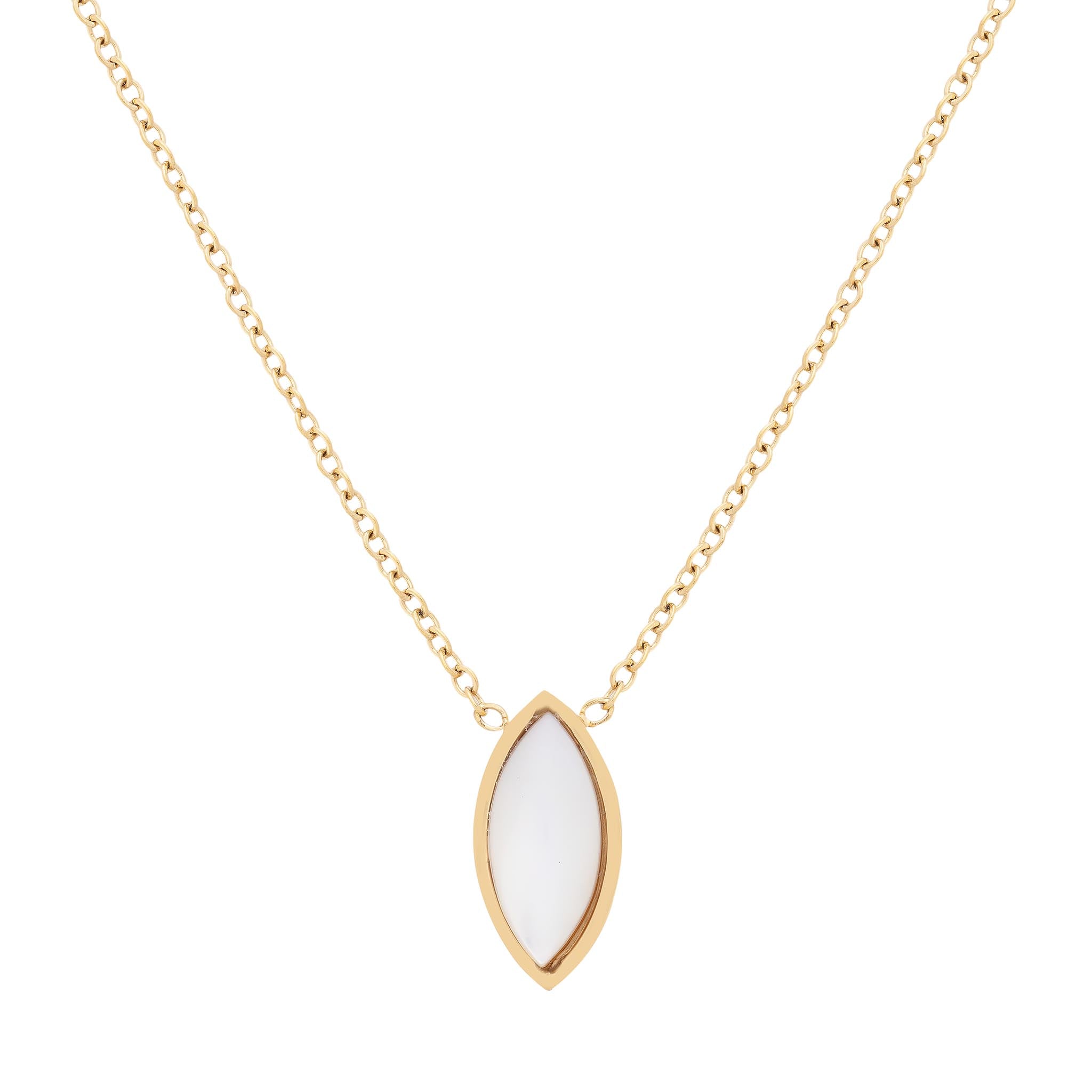 Gold marquise pendant necklace with mother of pearl inlay and waterproof chain