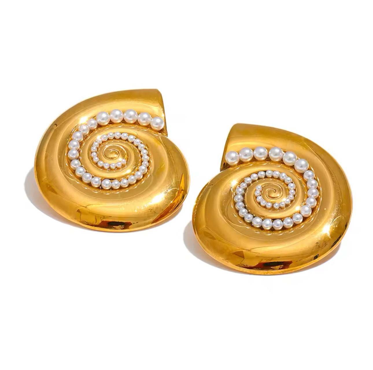 Paradiso Earrings with spiral gold shell design and pearl accents, gold statement earrings