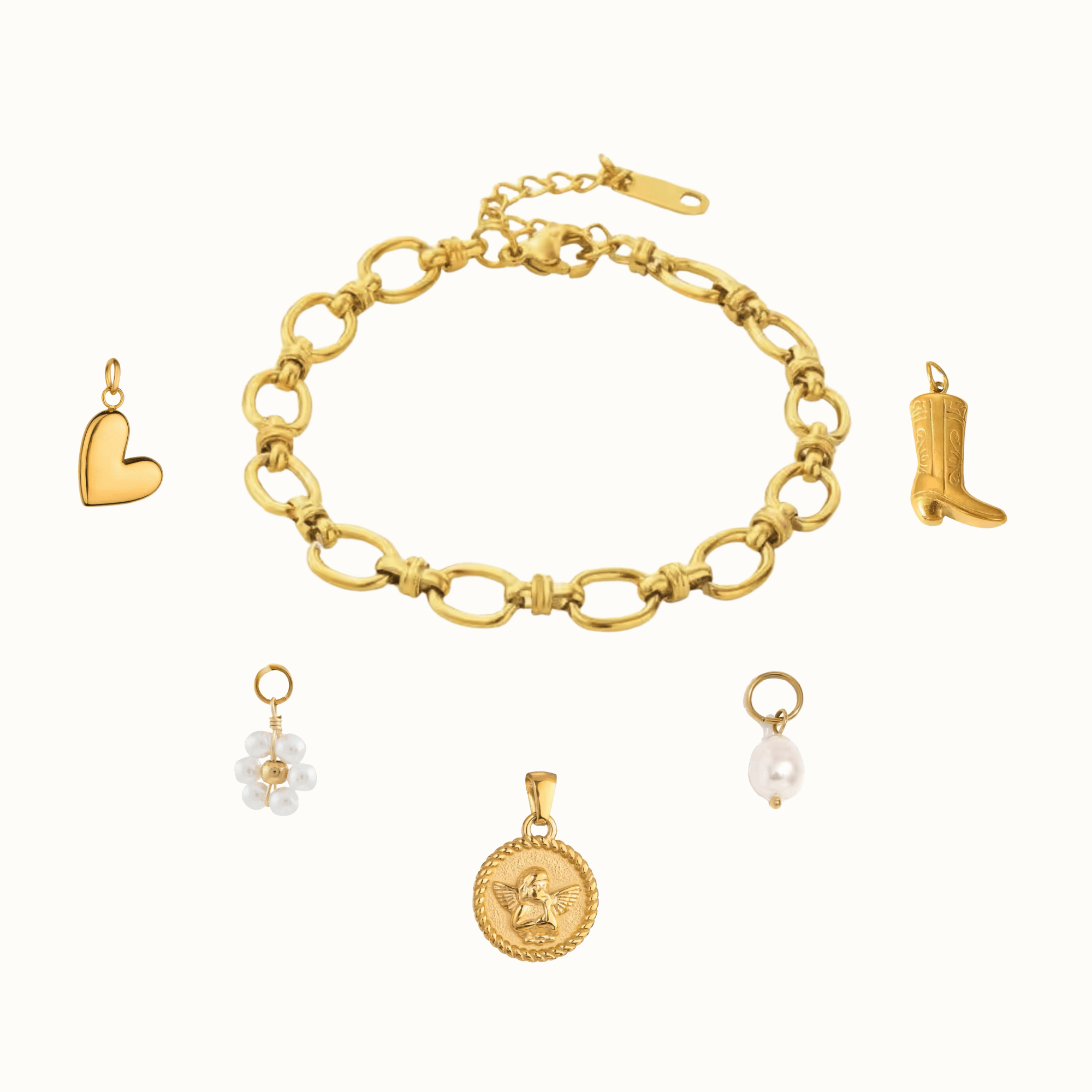gold charm bracelet with freshwater pearl charms, heart, flower, boot and guardian angel charms