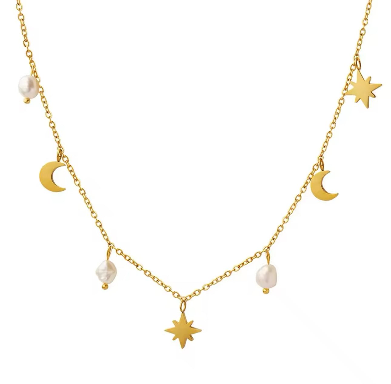 Gold pearl necklace with freshwater pearls and celestial star and moon charms on a waterproof gold chain