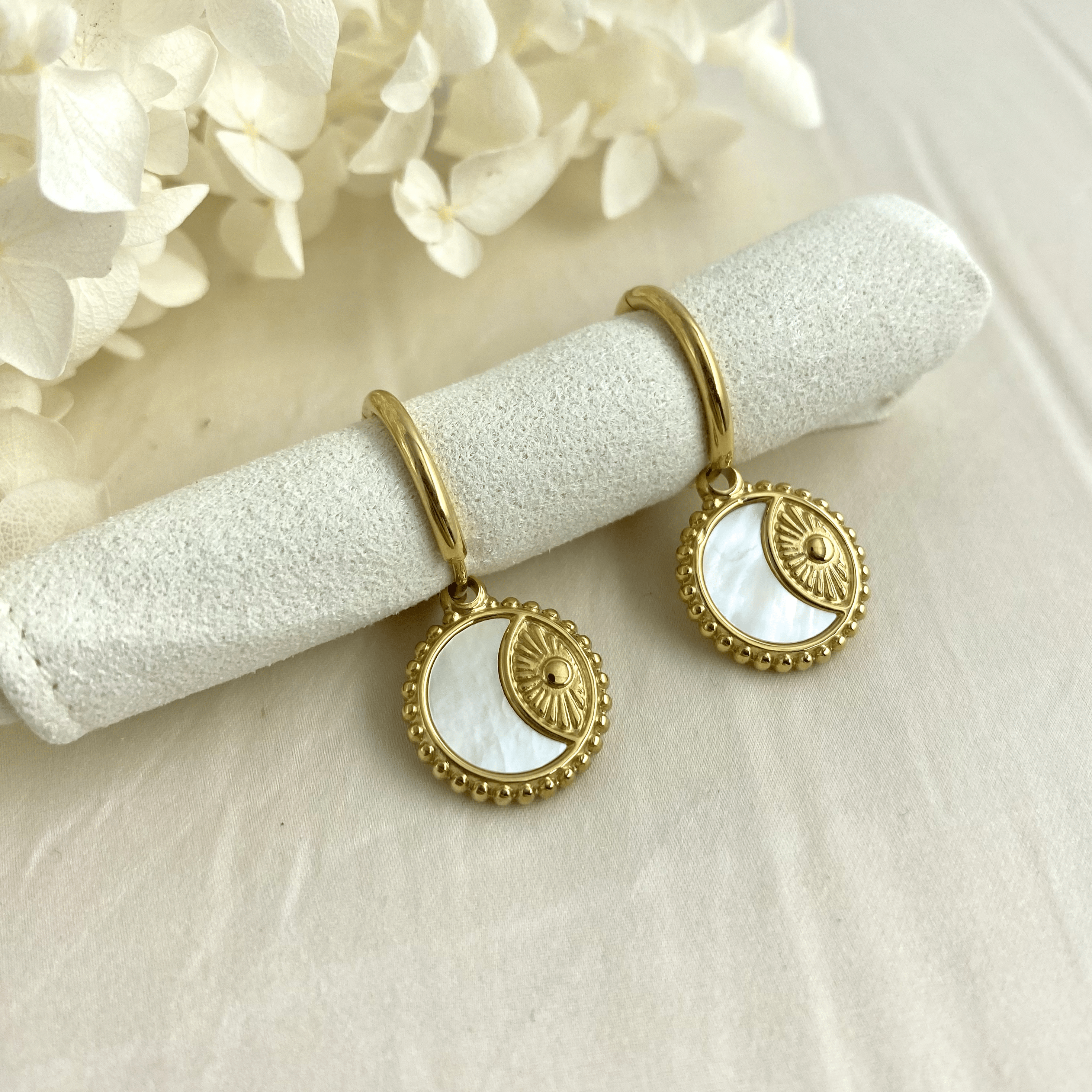 gold hoop earrings with mother of pearl inlay and sunburst detailing, waterproof earrings Australia